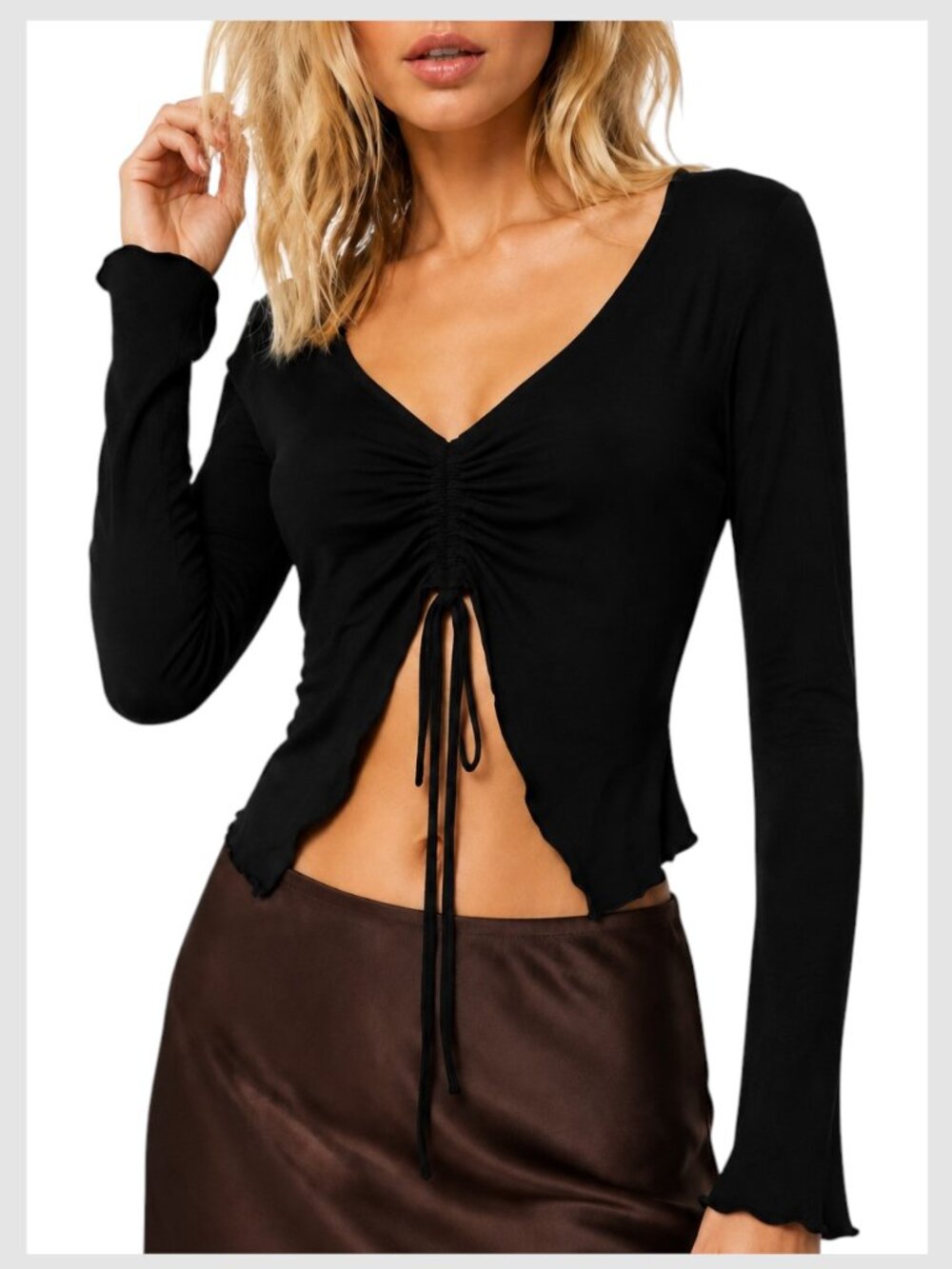 Edikted Long Sleeve Crop Top Black Ruched Tie Front Size M